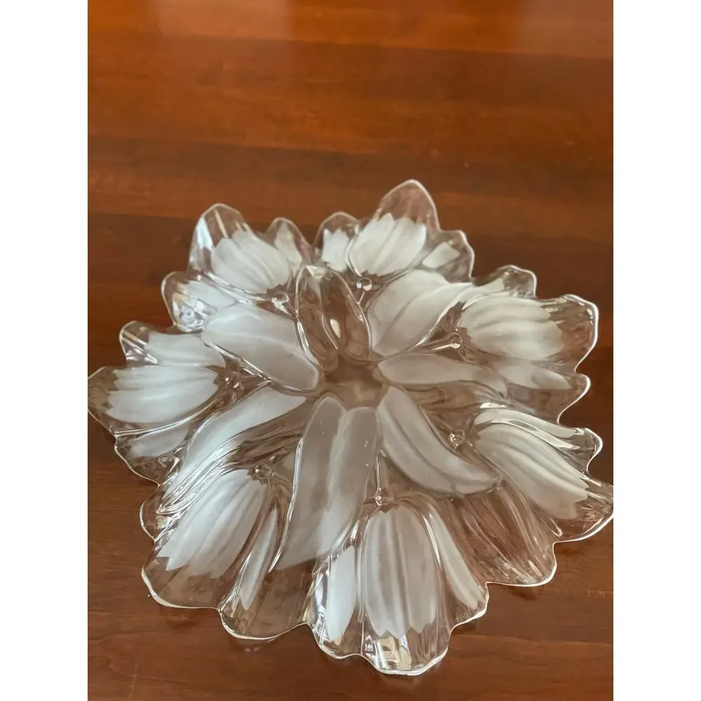 Crystal Dish Etched Floral Design 13 Inch Diameter